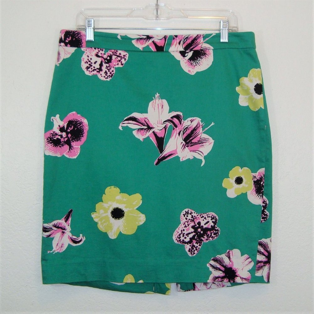 J. Crew Green Floral Pencil Skirt with Pink & Yellow Blooms